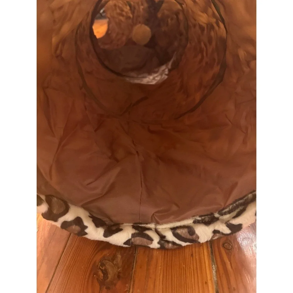 Leopard Print 3-Way Cat Tunnel Collapsible Pet Play Tube with Hanging Toy